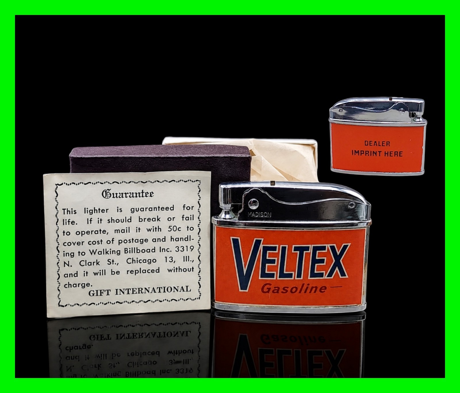 Vintage Veltex Gasoline Dealer Sample Oil Gas Station Flat Ad Lighter With Box 