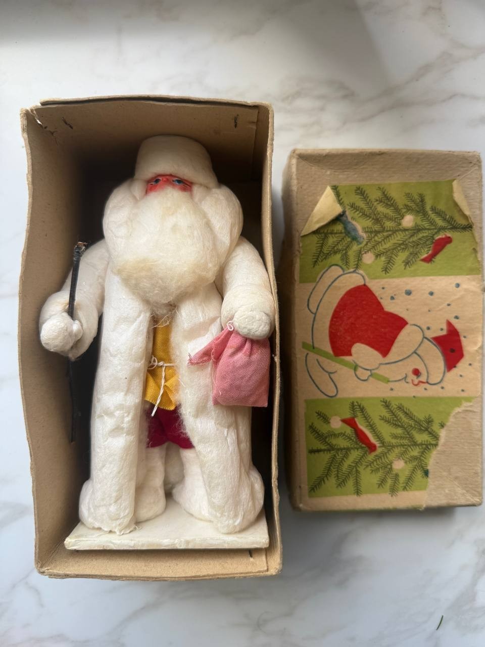 Vintage Soviet cotton Santa Claus figurine, Christmas tree decoration 1968