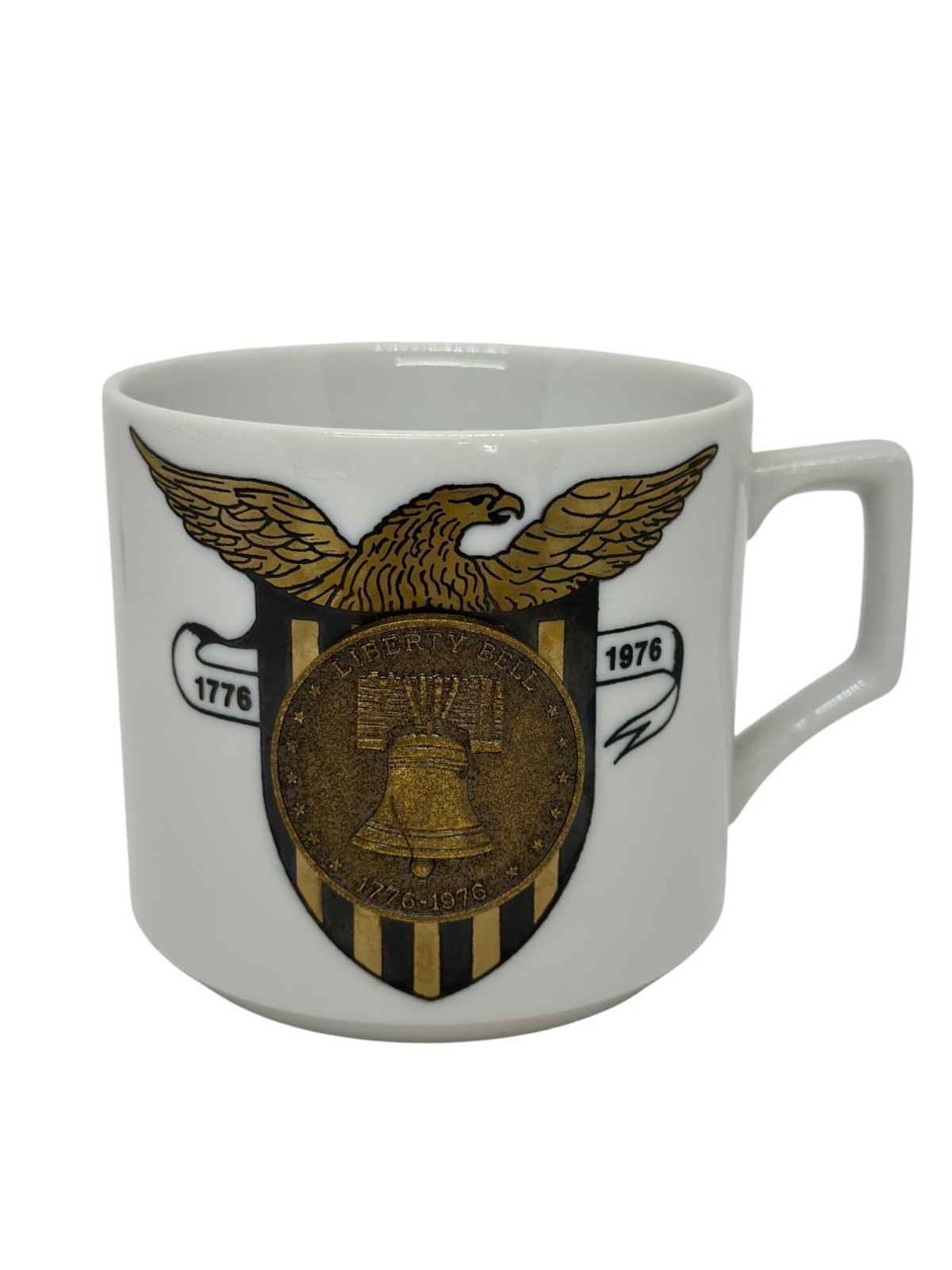 VTG 70s Liberty Bell Bicentennial Coffee Mug Eagle Crest 1776-1976 White Gold