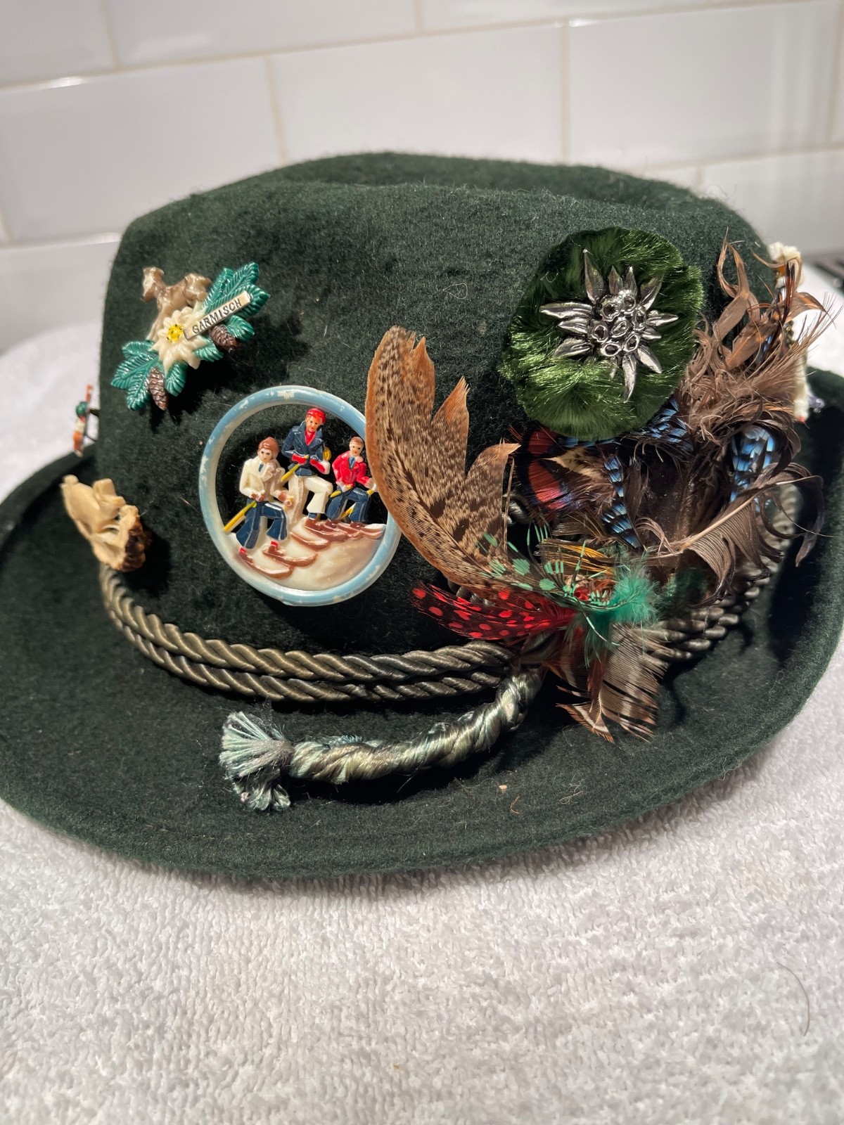 Vintage Bavarian Tirolean Oktoberfest Hat with Feathers + 12 Rare Pins (Size 54) Vintage Bavarian Tirolean Oktoberfest Hat with Feathers + 12 Rare Pins (Size 54)
