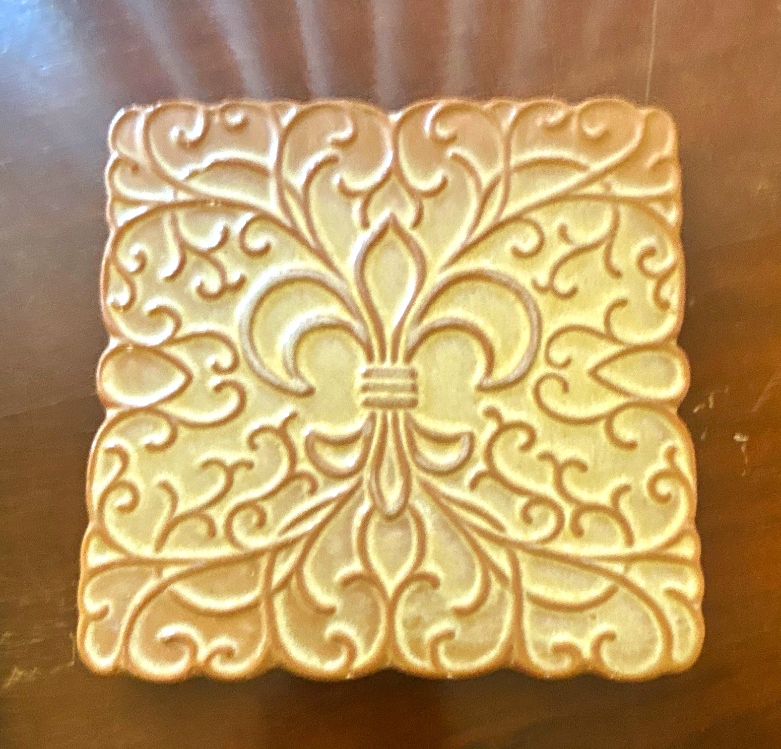 Frankoma 3TR Square Fleur de Lis Ceramic Trivet Tile, Glazed Beige