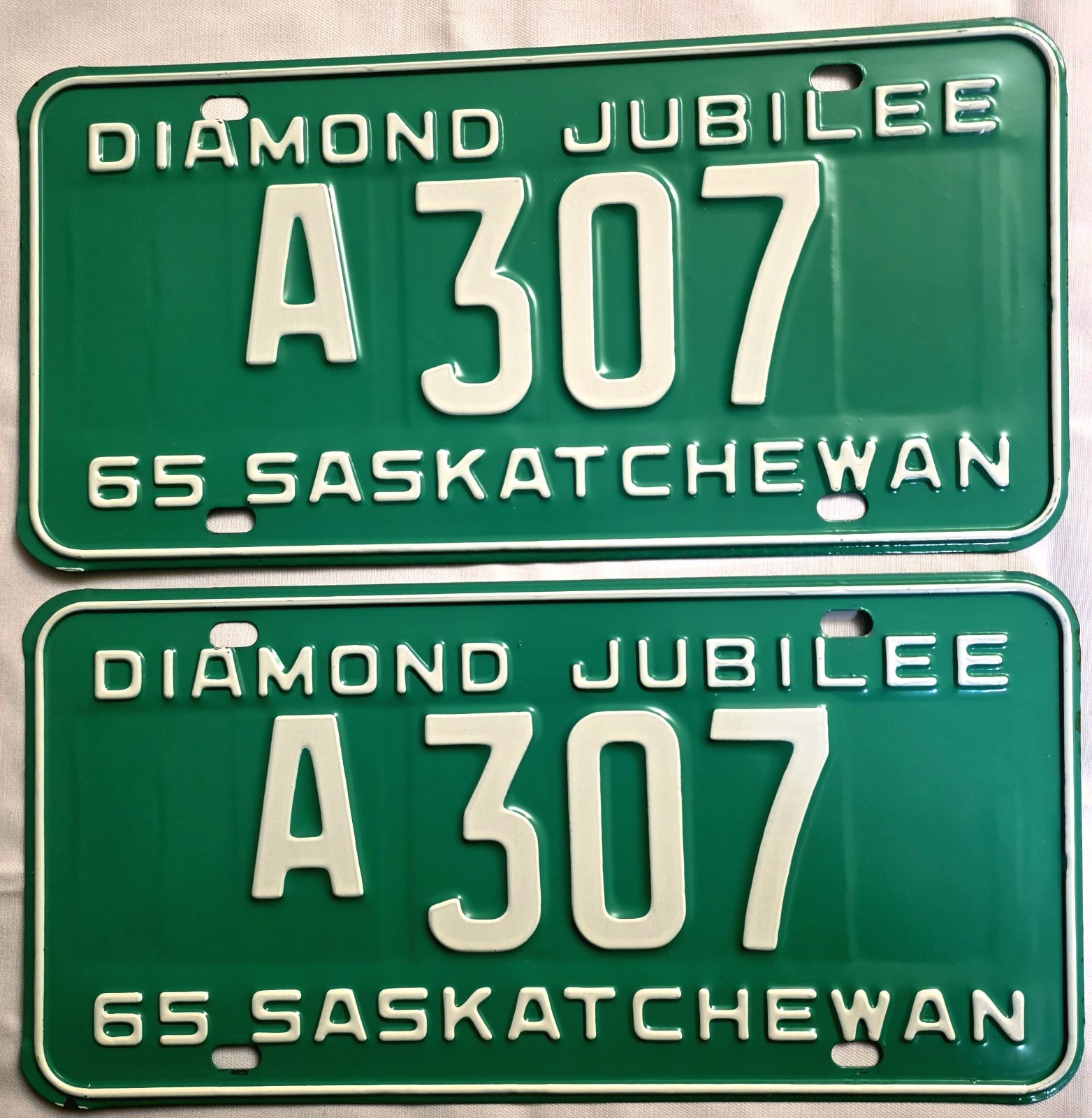 Vintage 1965 Saskatchewan Diamond Jubilee License Plate Pair A 307 Low Number