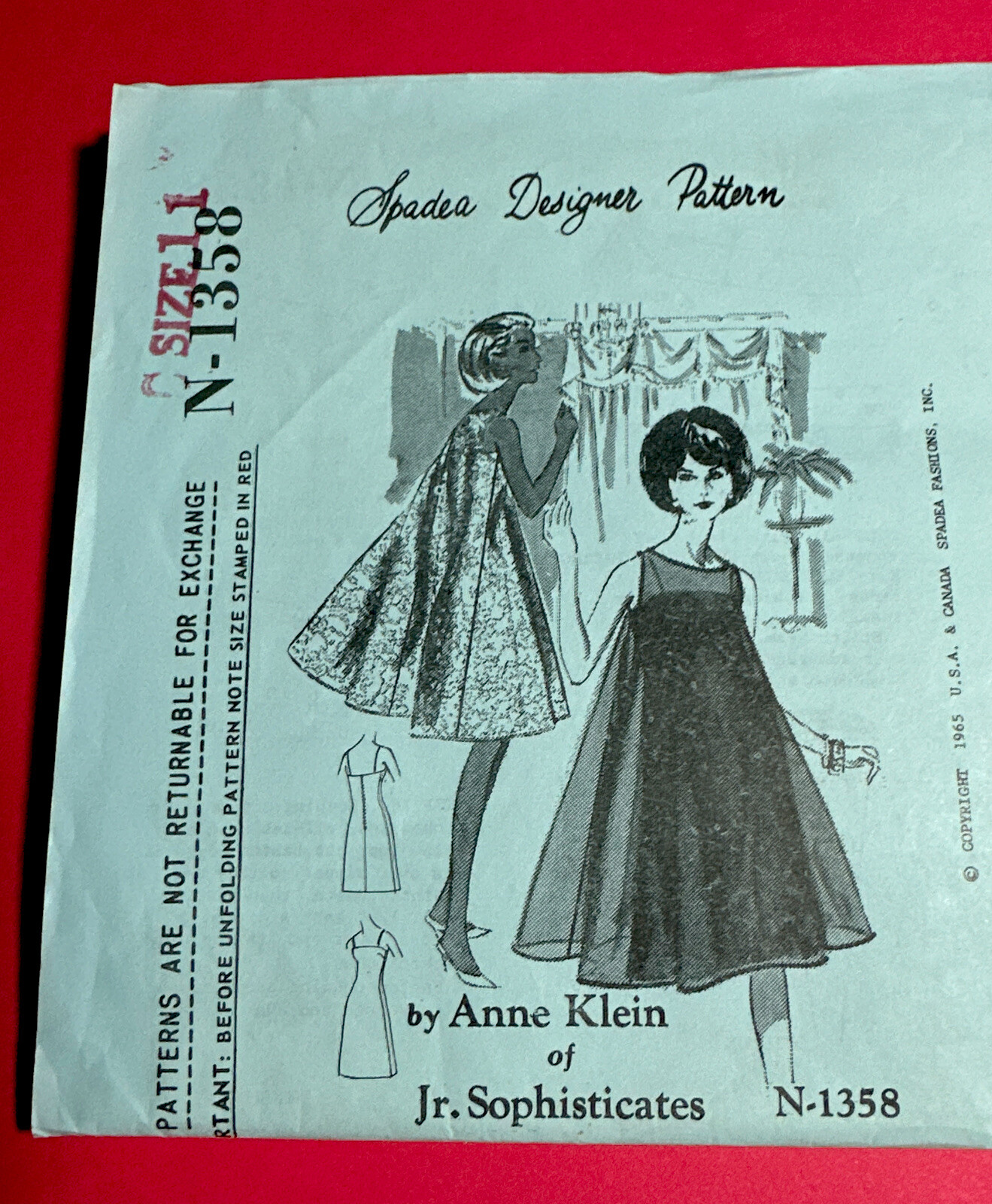 Rare FF 1960’s Spadea Anne Klein 1358 Junior Dress 11 Vintage Sewing Pattern