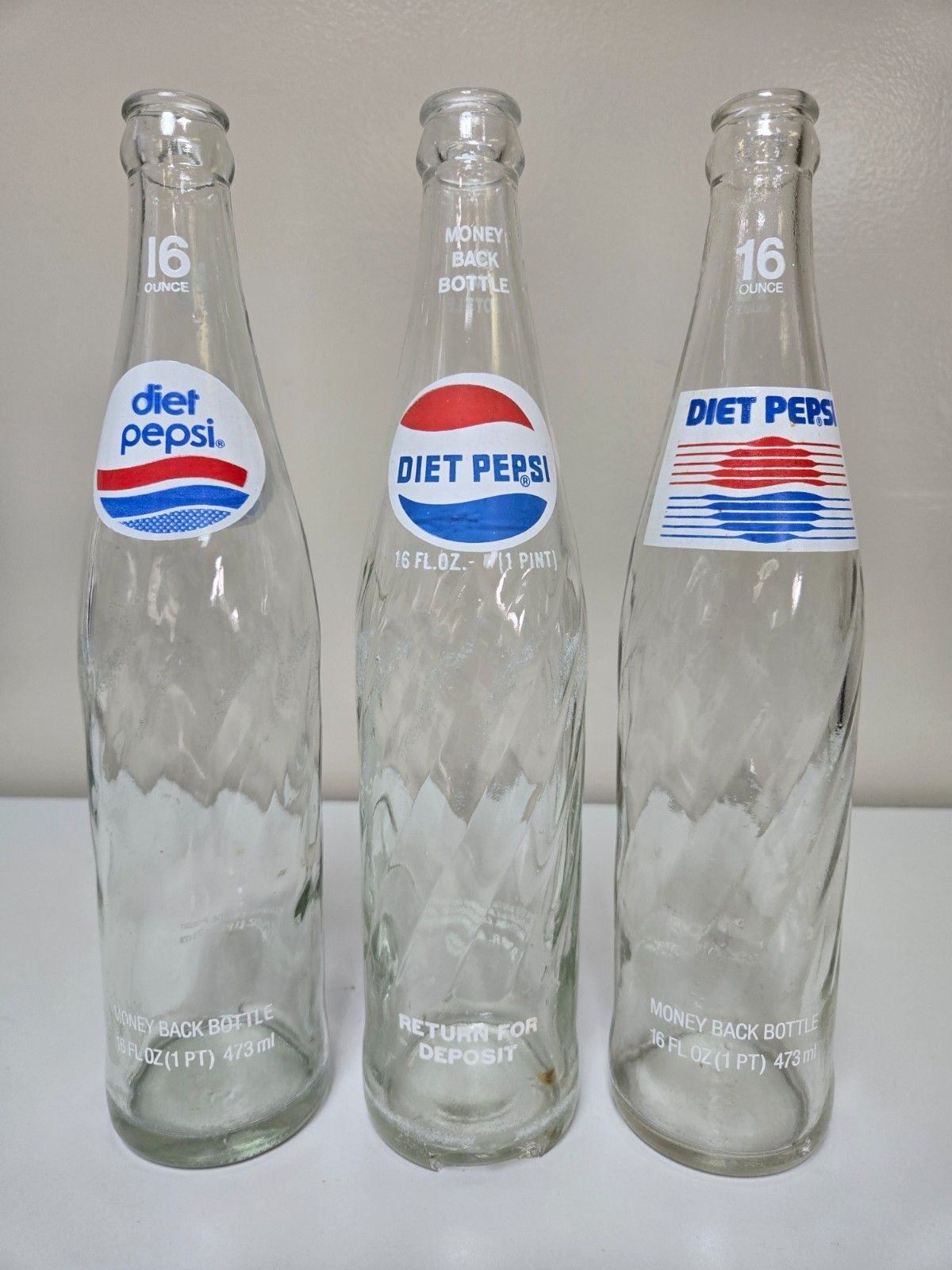 Vintage Diet Pepsi Cola (3) ACL Return Deposit Money Back 16 oz Glass Bottle Vintage Diet Pepsi Cola (3) ACL Return Deposit Money Back 16 oz Glass Bottle