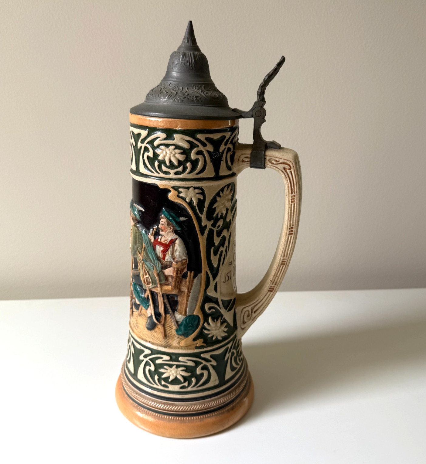 Vintage German Beer Stein #1603 Tavern Scene Relief Metal Lid 13.5\ Vintage German Beer Stein #1603 Tavern Scene Relief Metal Lid 13.5\