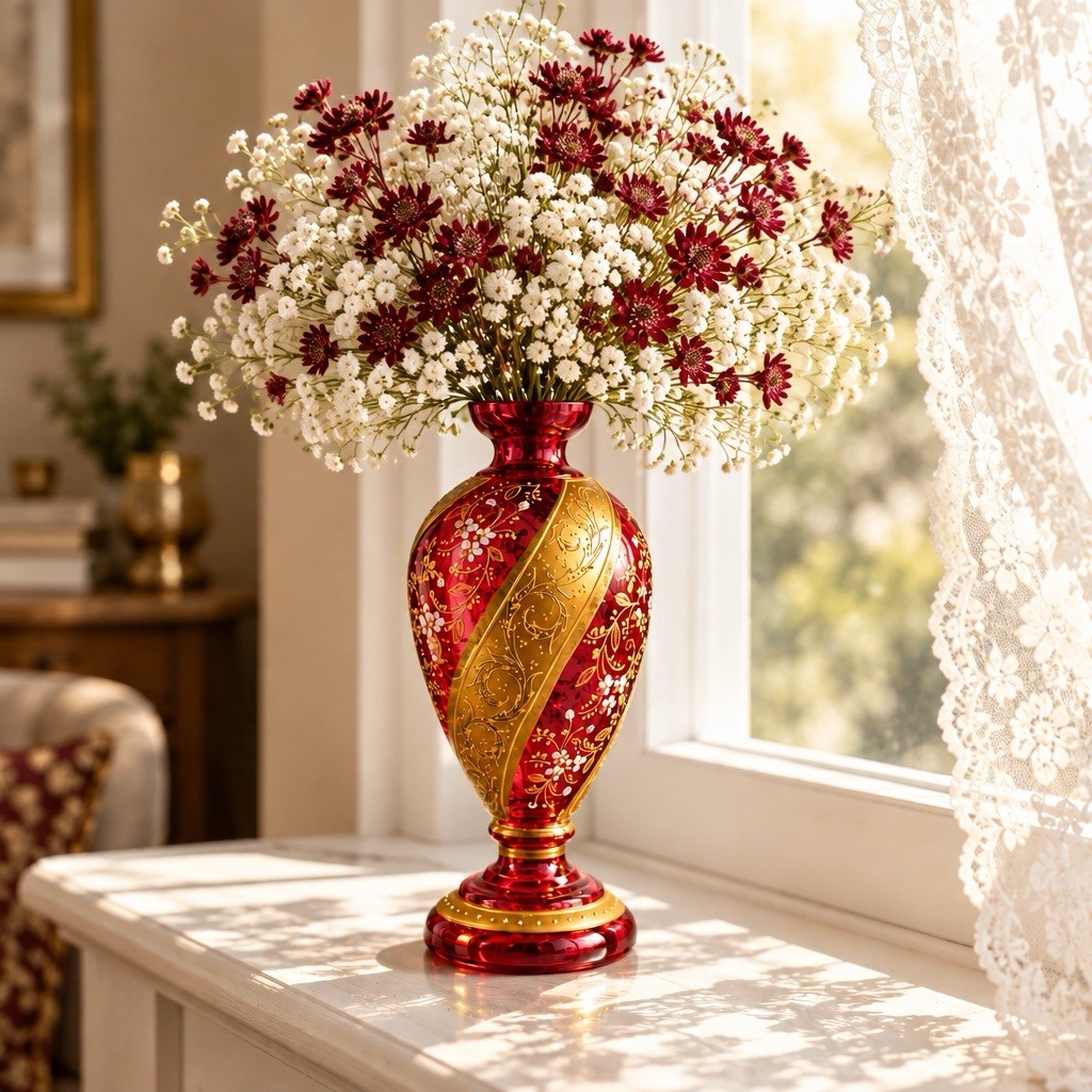 Late Moser 19TH-CENTURY Bohemian Gilded Cranberry Glass Vase with Gold Leaf 7.5”