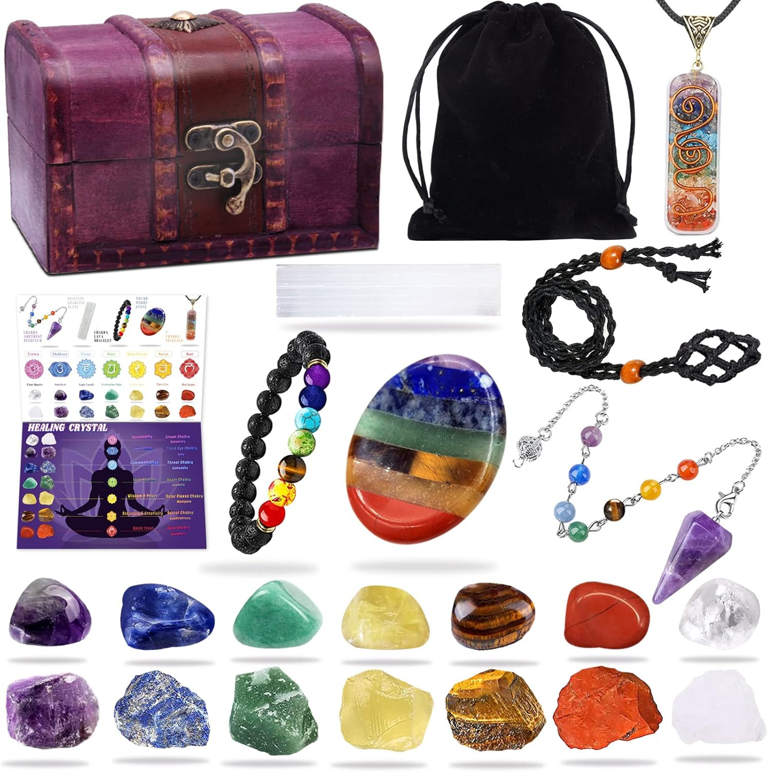 Boramdo 22Pcs Healing Crystals Set, Chakra Quartz Kits Wooden Box 7 Raw 7 Tumble Boramdo 22Pcs Healing Crystals Set, Chakra Quartz Kits Wooden Box 7 Raw 7 Tumble