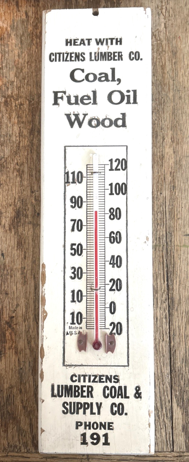VINTAGE 1930s CITIZENS LUMBER CO WOODEN THERMOMETER PHONE 191 COAL FUEL OIL VINTAGE 1930s CITIZENS LUMBER CO WOODEN THERMOMETER PHONE 191 COAL FUEL OIL