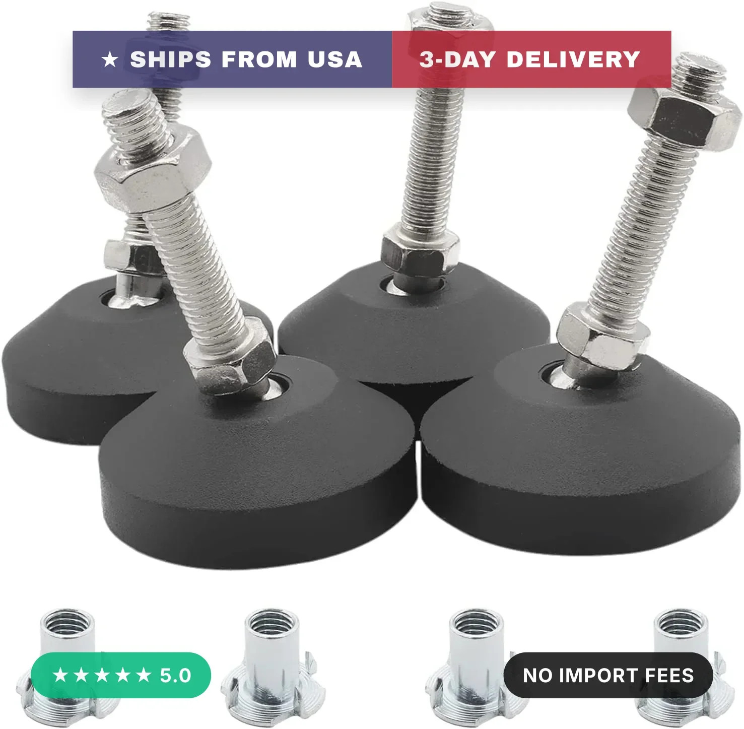 4 Pcs M8 Leveling Feet with T-Nut, Anti Skid Threaded Rubber Feet, Adjustable Sw