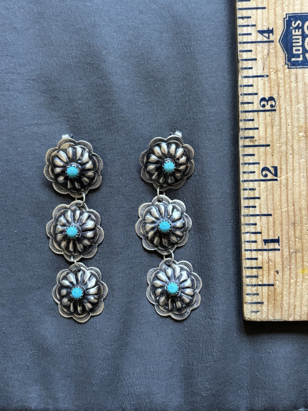 Vintage Sterling Silver Old Navajo Handmade Turquoise Concho Earrings Vintage Sterling Silver Old Navajo Handmade Turquoise Concho Earrings