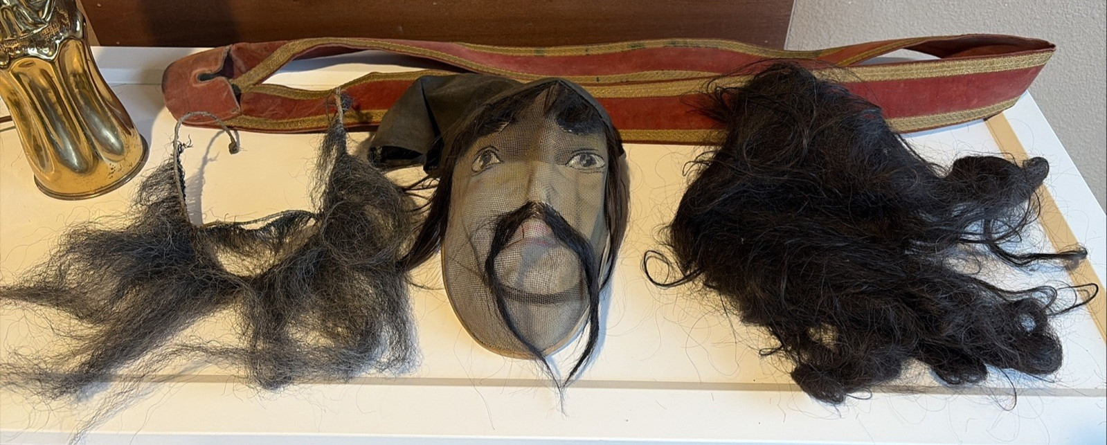 Antique c1900 Odd Fellows IOOF Secret Ceremonial Wire Mesh Mask Wig Mustache