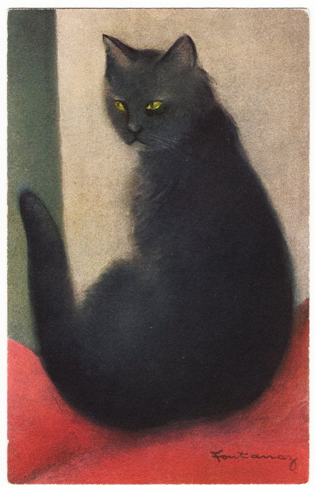 Black Cat With Green Eyes artist signed 1940s postcard Black Cat With Green Eyes artist signed 1940s postcard