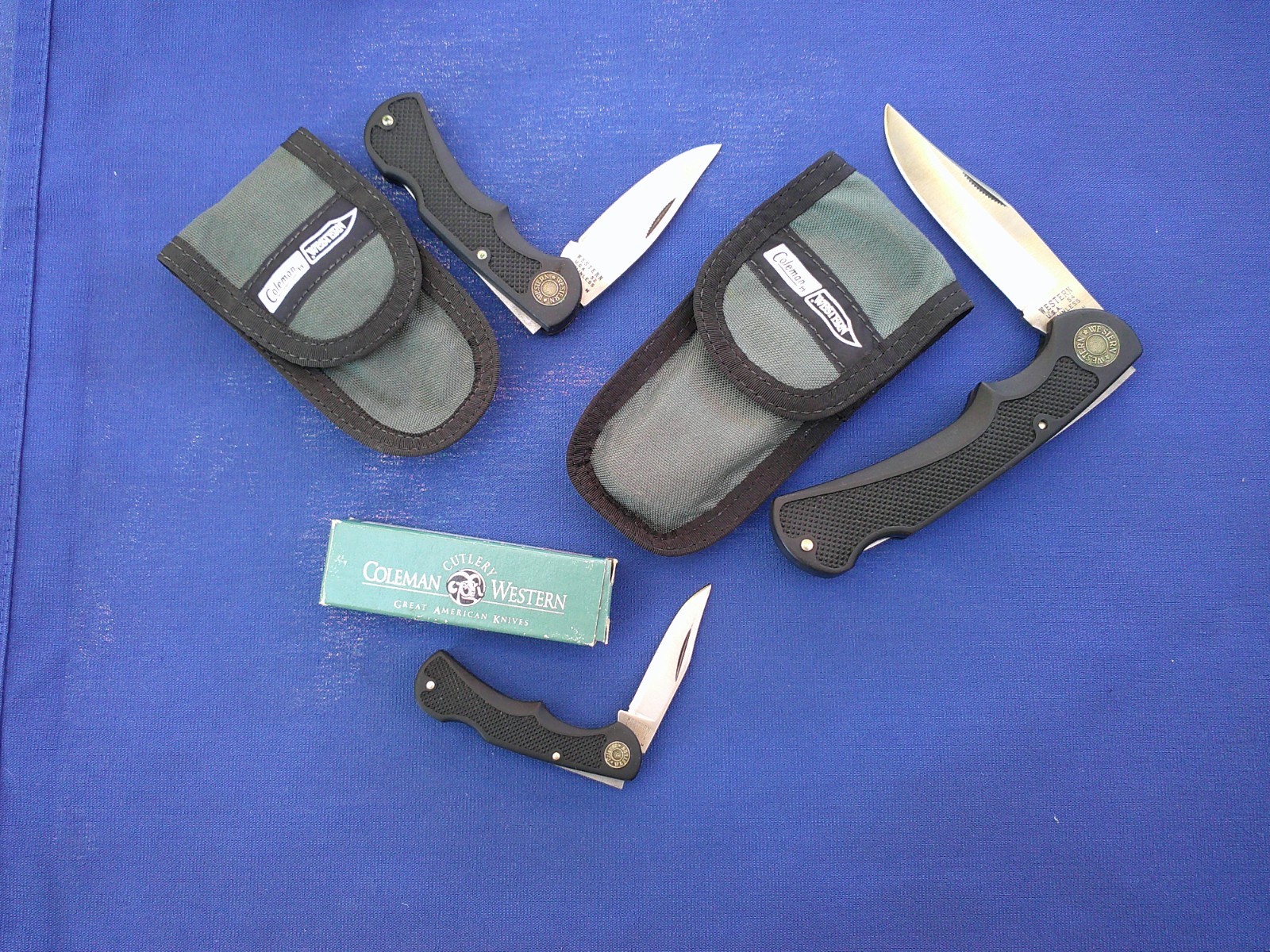 3 Western Coleman Lock Back Knife NOS #54 #52 #51 w/Sheath one Box 1989 3 Western Coleman Lock Back Knife NOS #54 #52 #51 w/Sheath one Box 1989