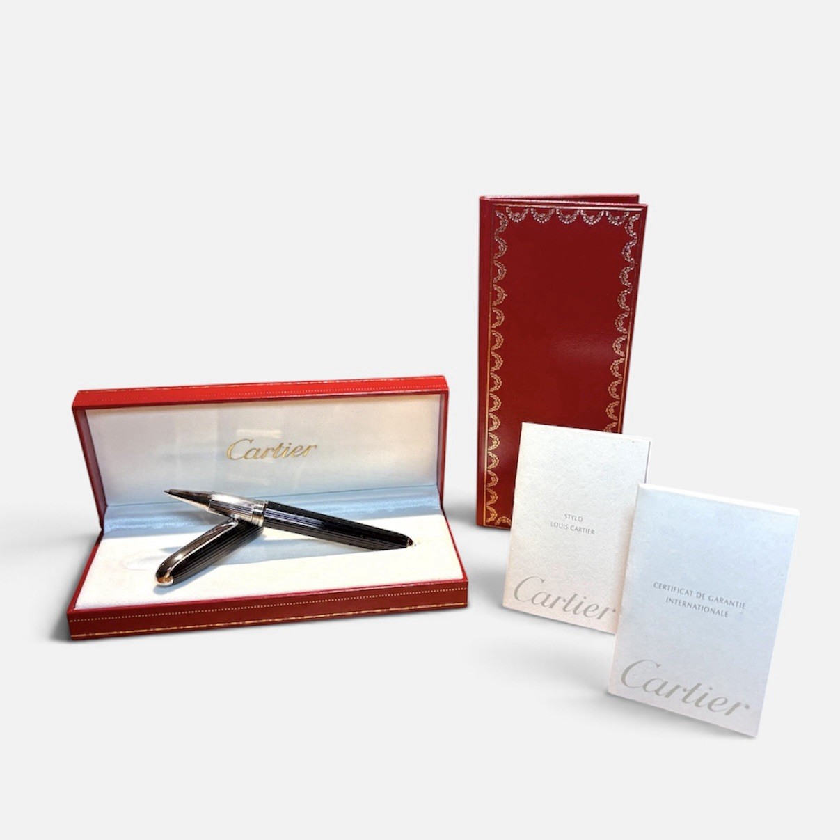 Authentic Santos de Cartier Rollerball Silver Trim Pen w/ Box & Papers - Black