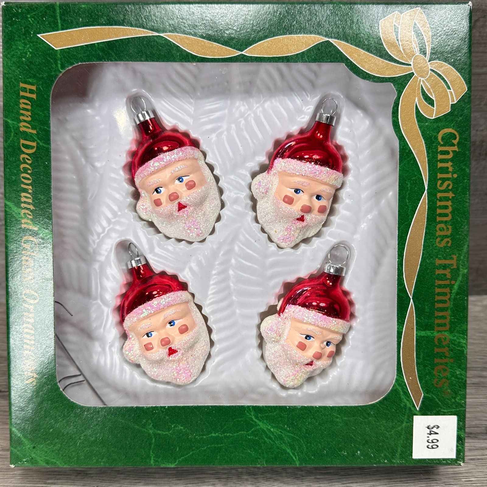 Vintage Santa Christmas Trimmeries Ornaments Hand Blown Glass Glittered Box of 4