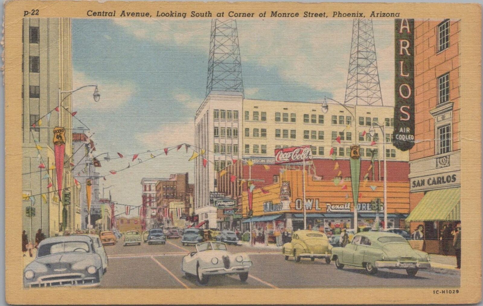 Postcard Central Avenue Looking South Corner Monrce Street Phoenix AZ Postcard Central Avenue Looking South Corner Monrce Street Phoenix AZ