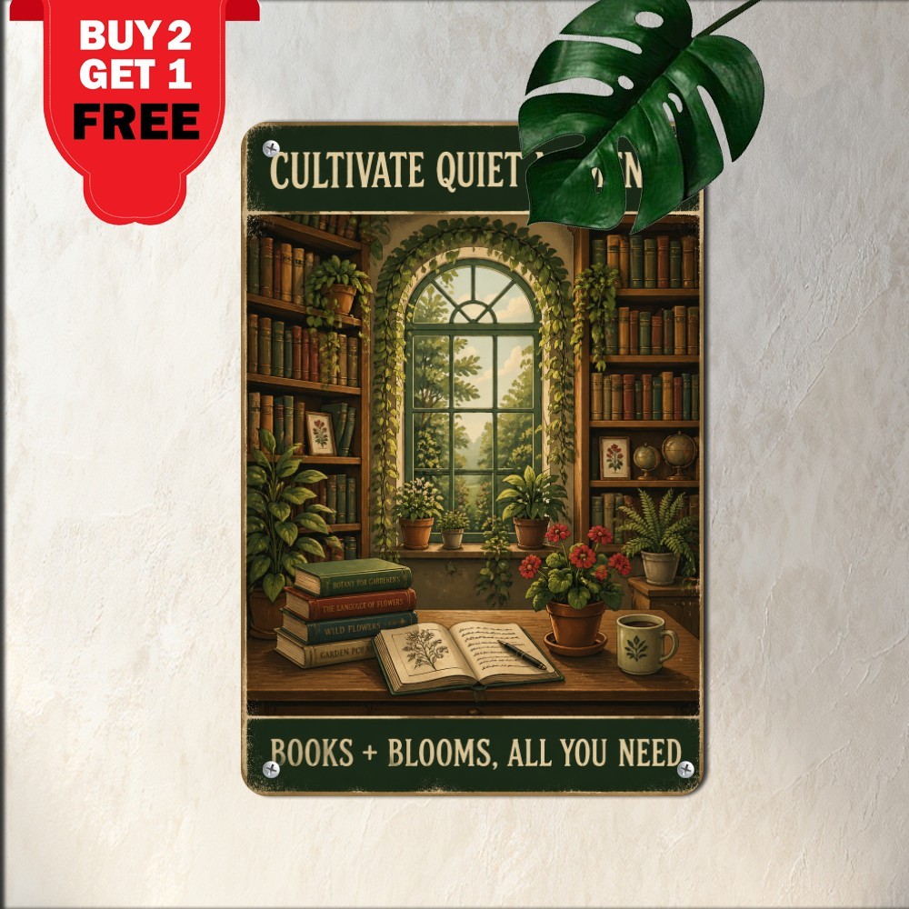 Garden Library Reading Nook Decor Sign Vintage Country Botanical Metal Plaque Garden Library Reading Nook Decor Sign Vintage Country Botanical Metal Plaque