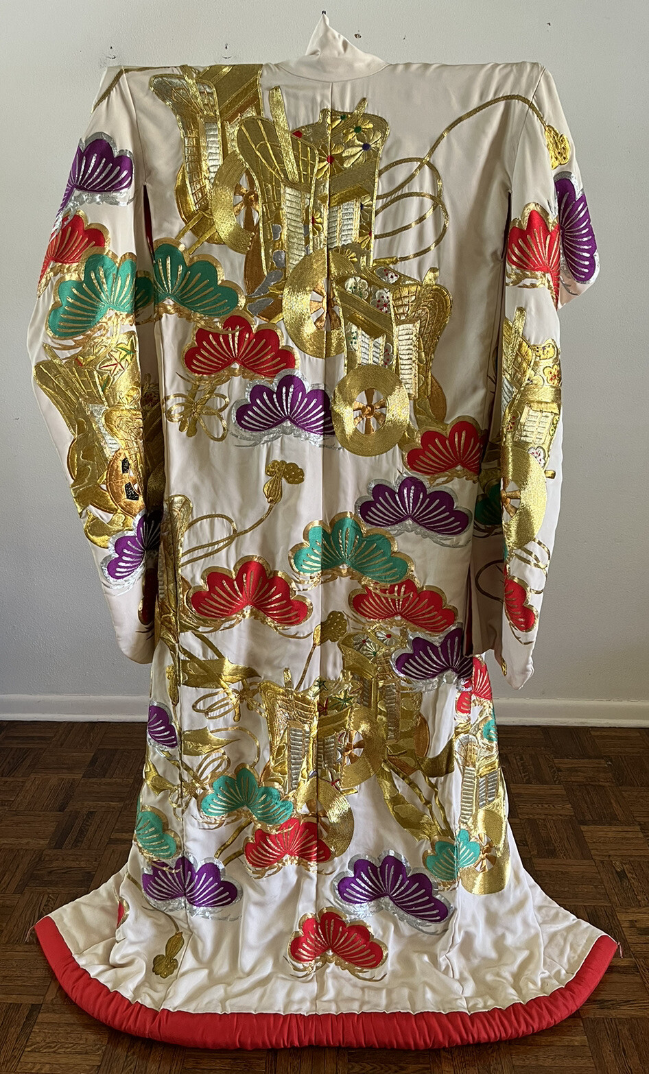 Japanese Uchikake Wedding Kimono Robe Gold Embroidered Butterfly Carriage VTG