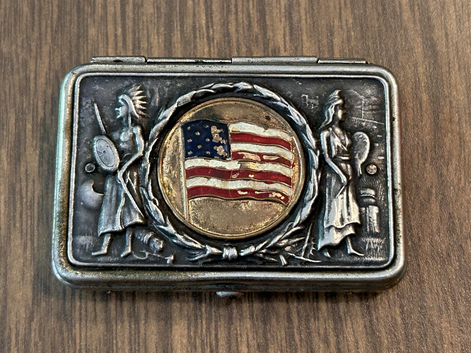 Vintage Antique Match Safe Enamel American Flag & Chicago Advertising Vintage Antique Match Safe Enamel American Flag & Chicago Advertising
