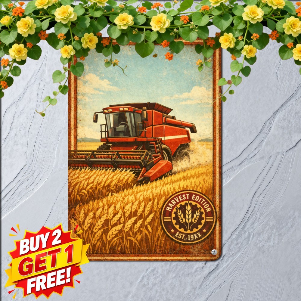vintage farm harvest scene red combine harvester golden