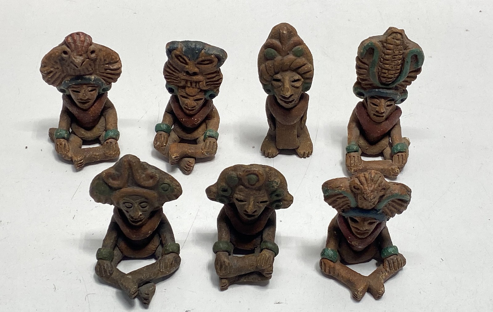 Mayan Aztec Style Clay Figurine Lot Terra Cotta Folk Art 7 Pieces Vintage