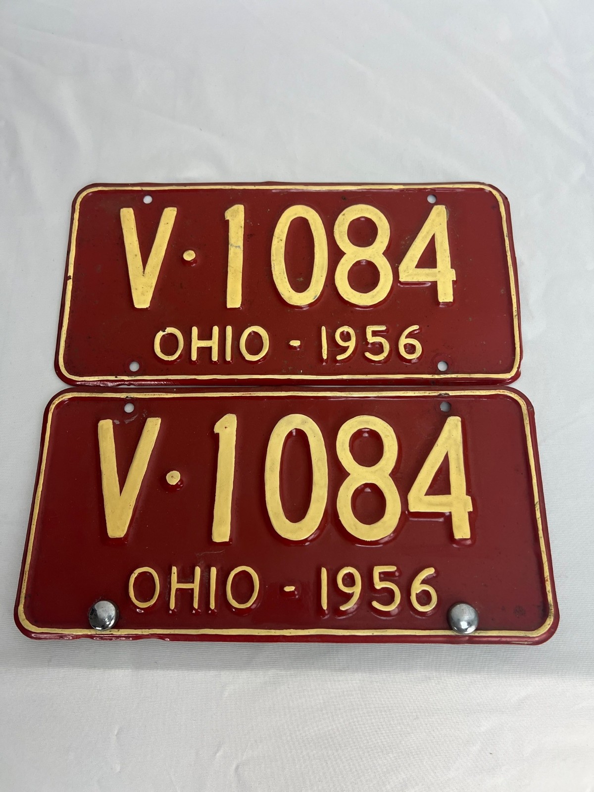 Ohio 1956 License Plates Pair V-1084 Red Yellow Embossed Metal Wall Art Mancave Ohio 1956 License Plates Pair V-1084 Red Yellow Embossed Metal Wall Art Mancave