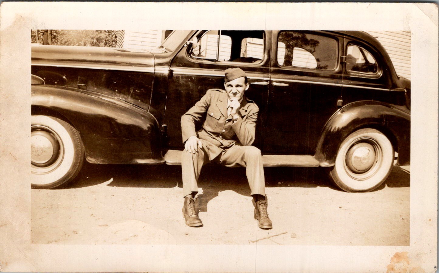 WWII US Soldier Sitting on 1940s Sedan Photograph Homefront GI Portrait WWII US Soldier Sitting on 1940s Sedan Photograph Homefront GI Portrait