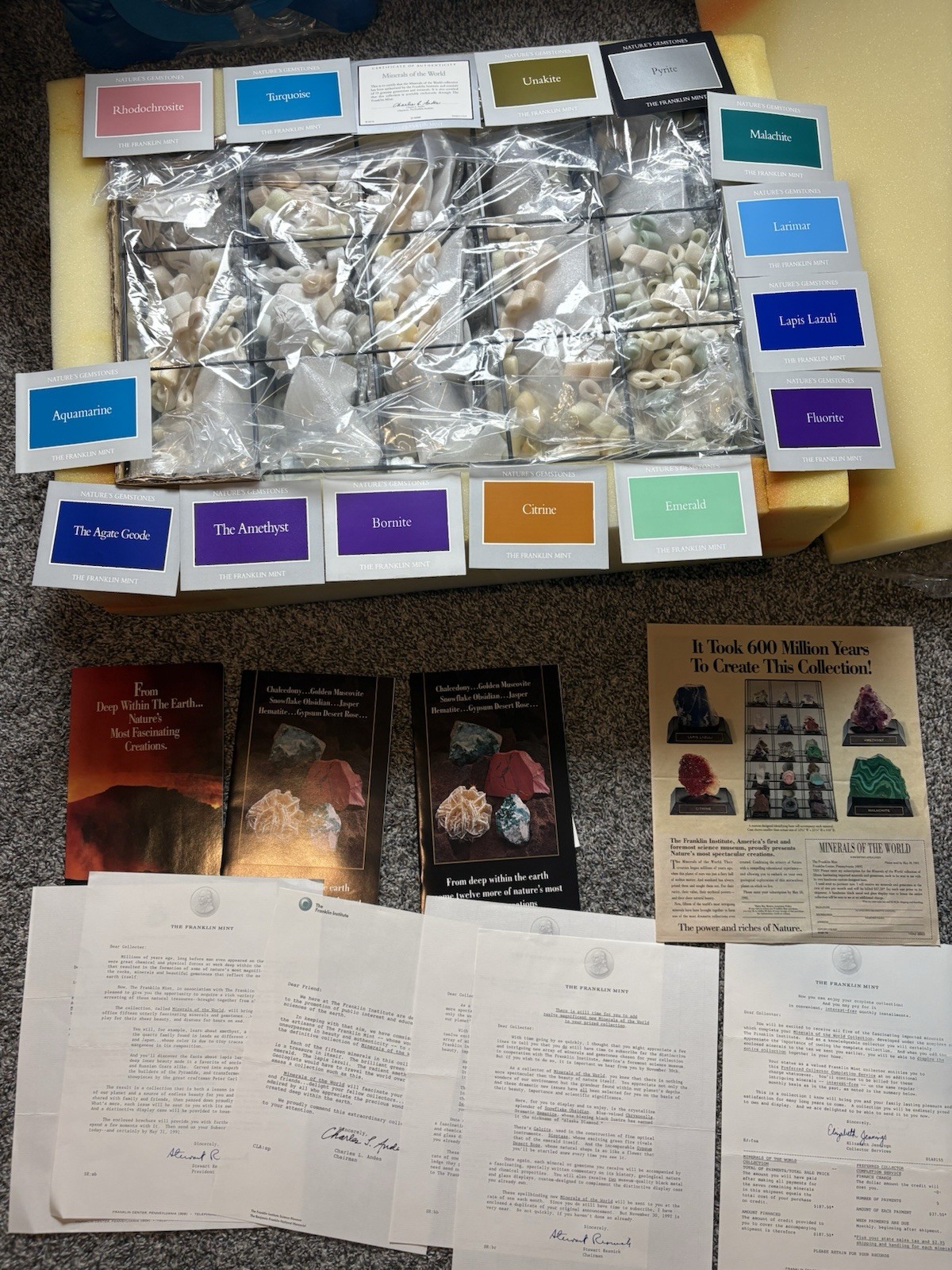 1990 Franklin Mint Minerals of the World 15 Gemstones NOS Display Case COA Rare