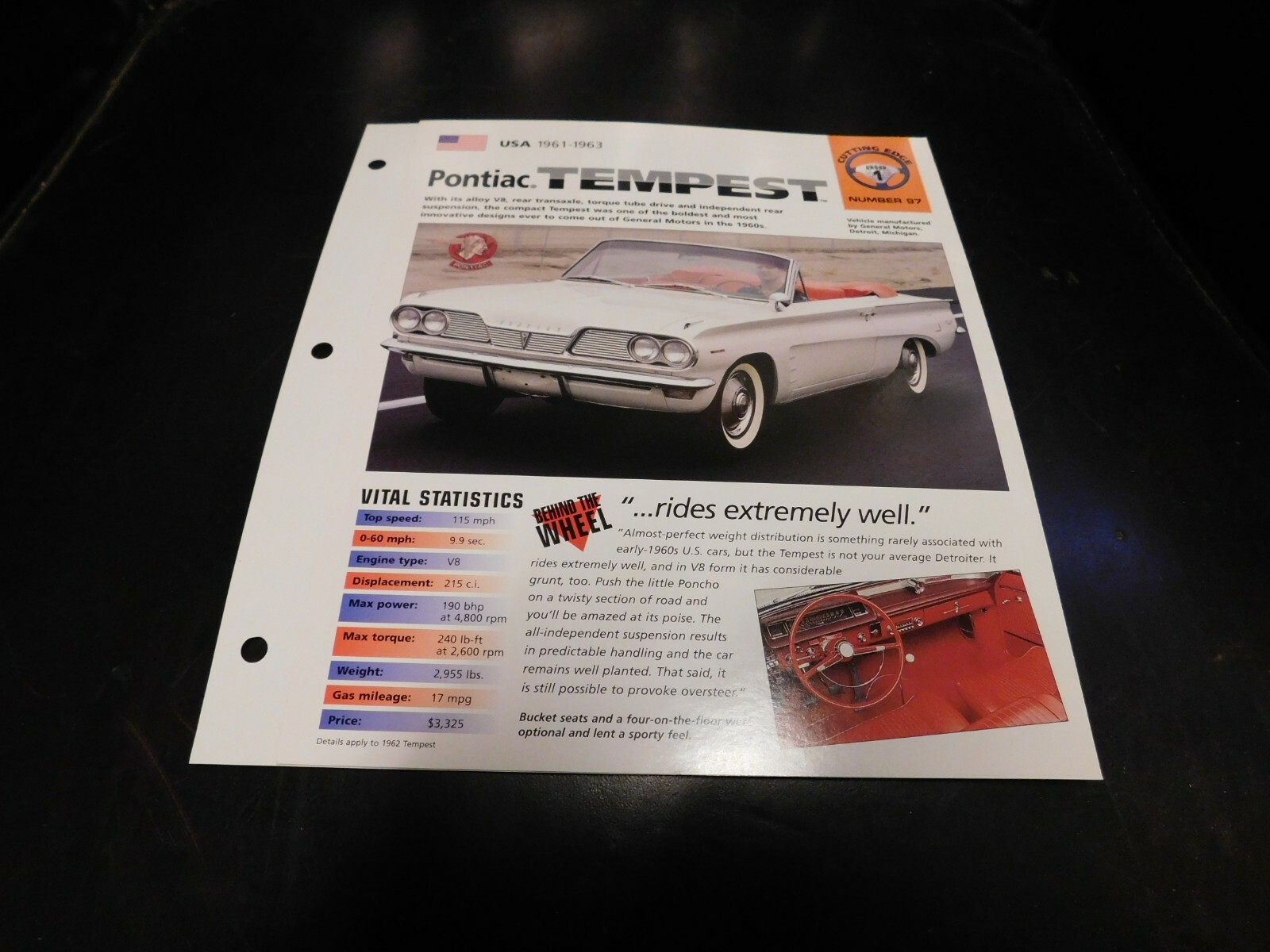 1961-1963 Pontiac Tempest Spec Sheet Brochure Photo Poster 1962 1961-1963 Pontiac Tempest Spec Sheet Brochure Photo Poster 1962