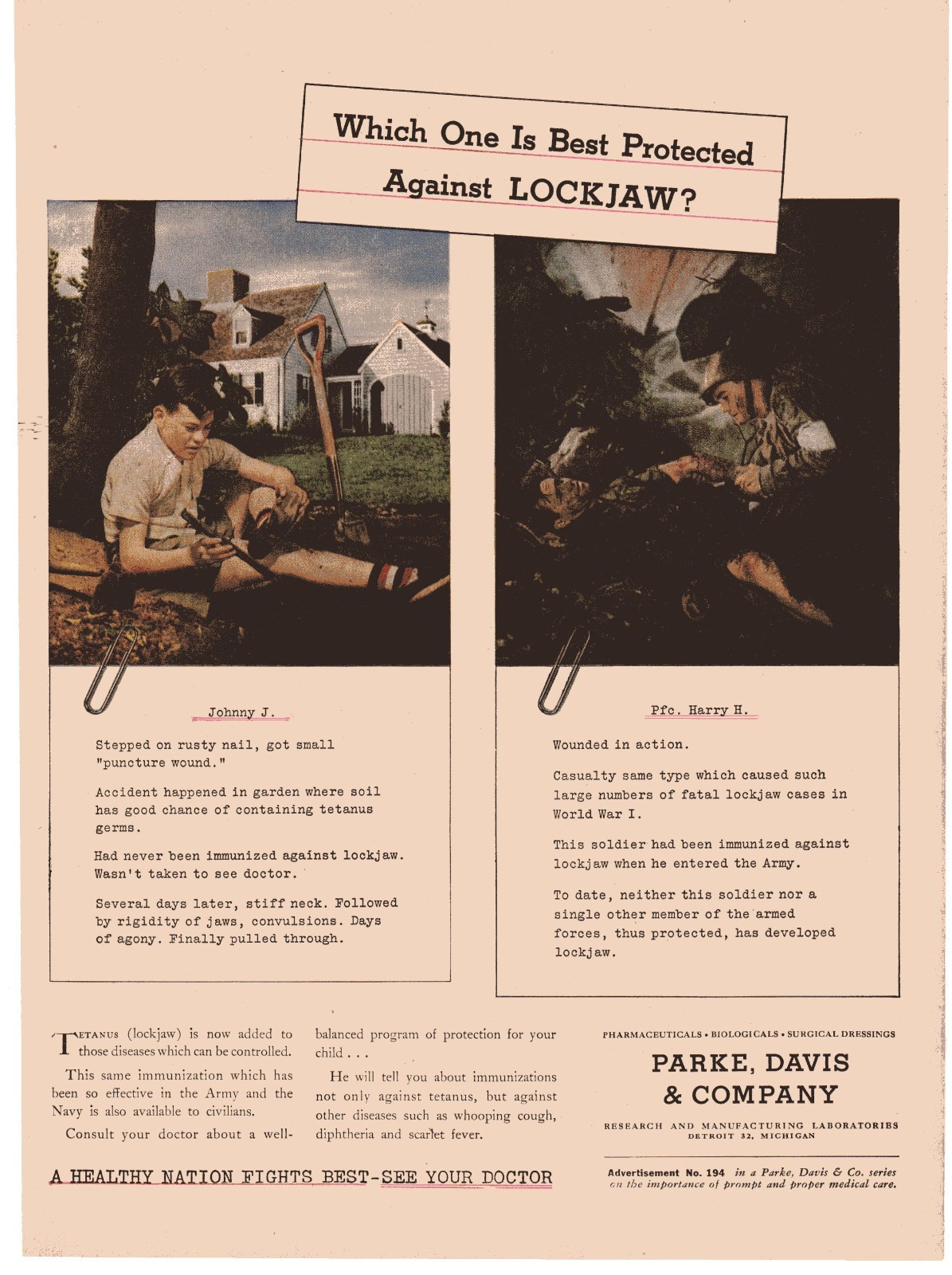 1945 Parke Davis WWII Lockjaw Tetanus Vaccine Pharmaceutical Medical Ad