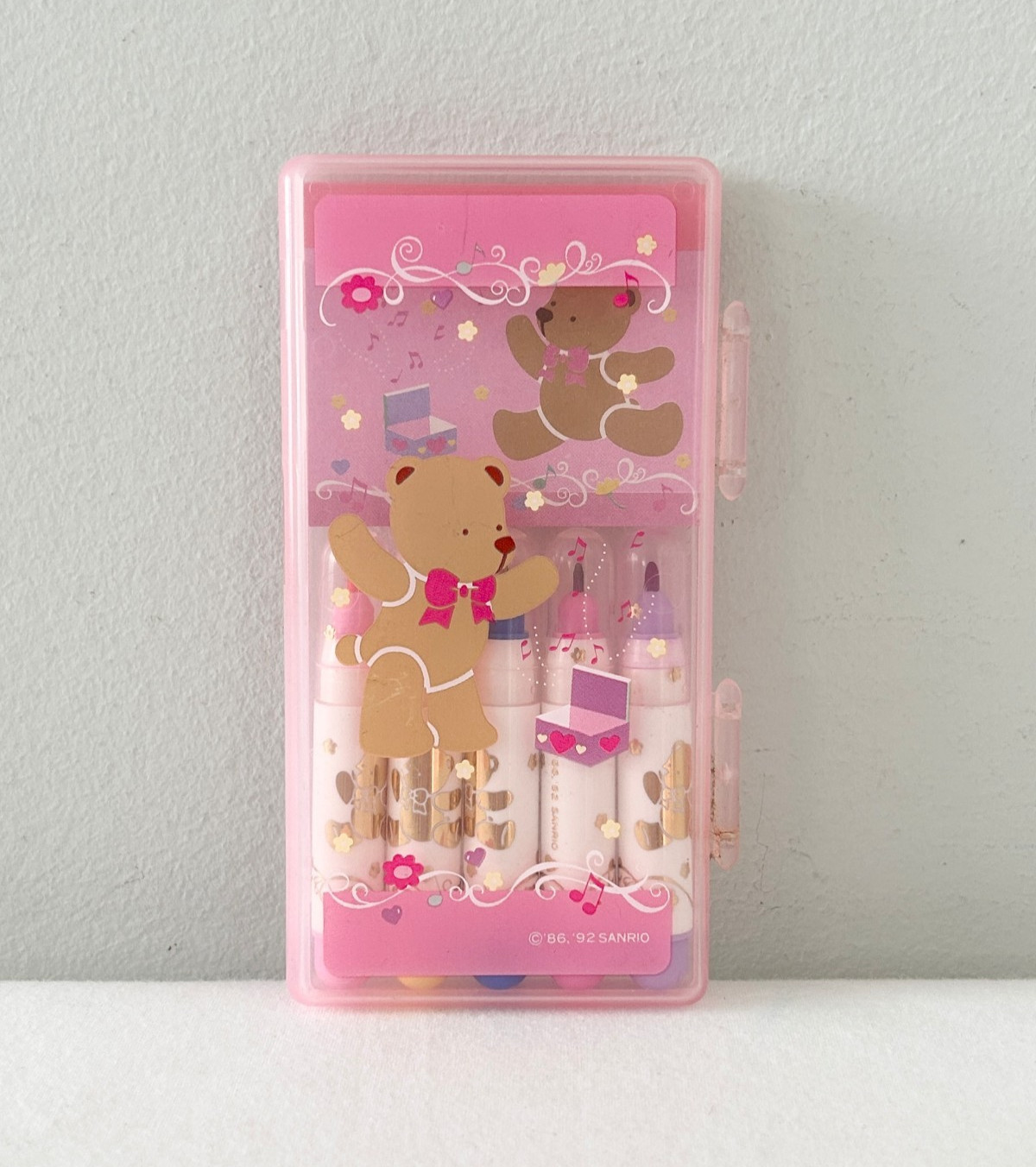 Vintage SANRIO Tweedle Dee Dee Bear Pen Marker Notepad Set Pink Case Hello Kitty