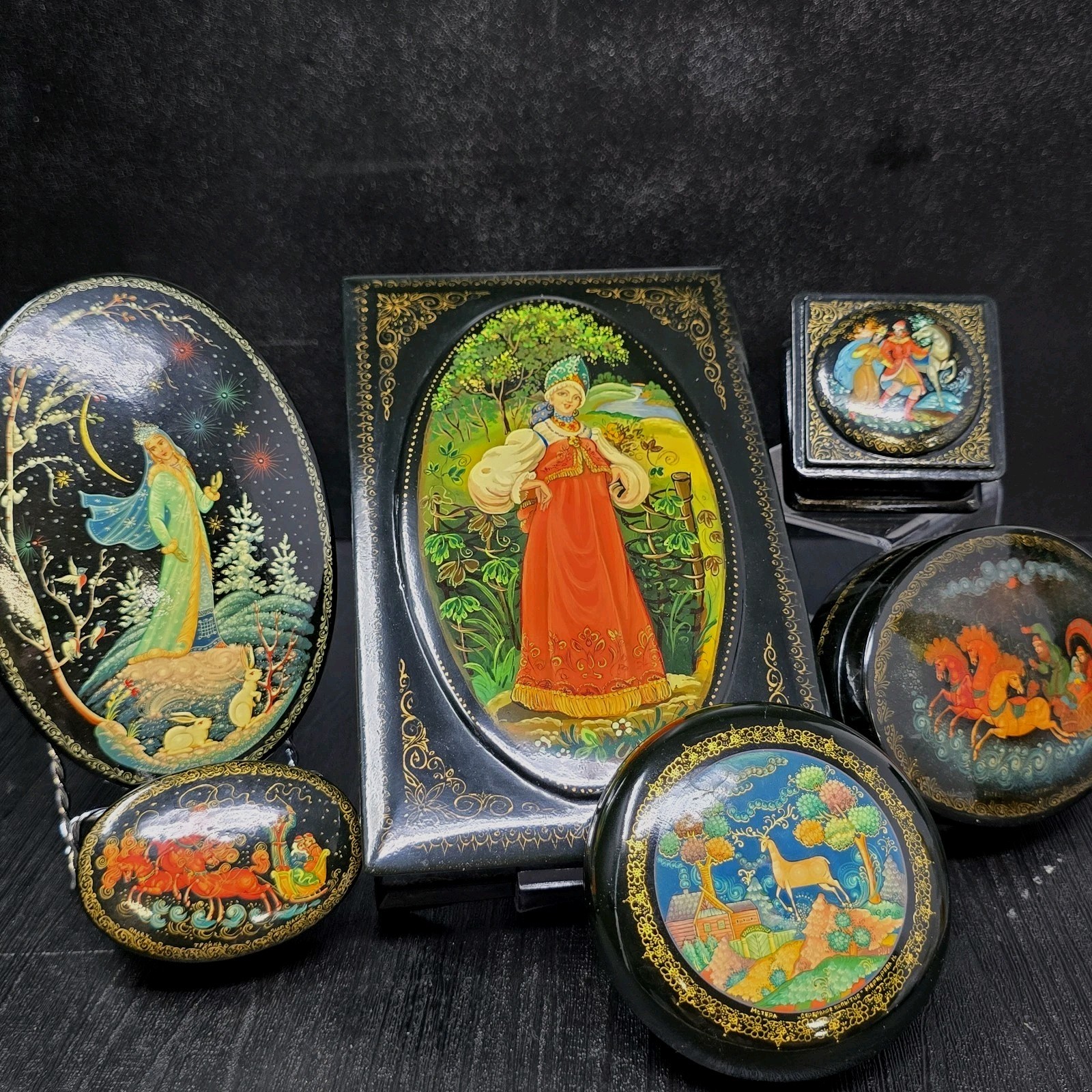 lot Vtg USSR russian Fairy Tale Laquer Trinket Boxes SIGNED Red Interior Jewelry lot Vtg USSR russian Fairy Tale Laquer Trinket Boxes SIGNED Red Interior Jewelry