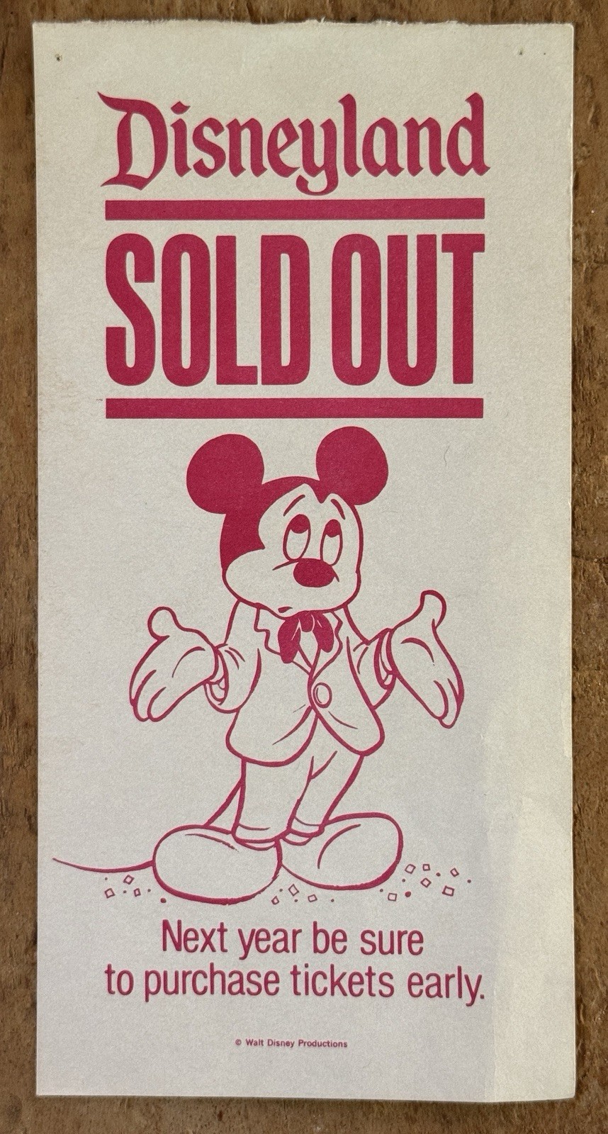RARE 1970s Vintage Disneyland SOLD OUT Gate Handbill Flyer WDP Shrugging Mickey
