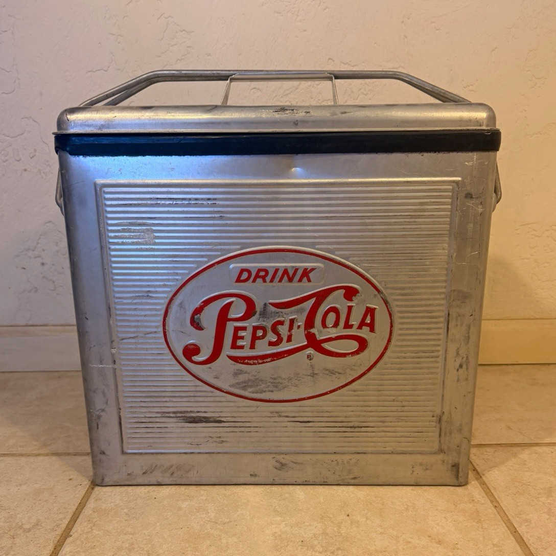 Vintage 1950s Drink Pepsi-Cola Aluminum Cooler Ice Chest Picnic Soda Advertising Vintage 1950s Drink Pepsi-Cola Aluminum Cooler Ice Chest Picnic Soda Advertising