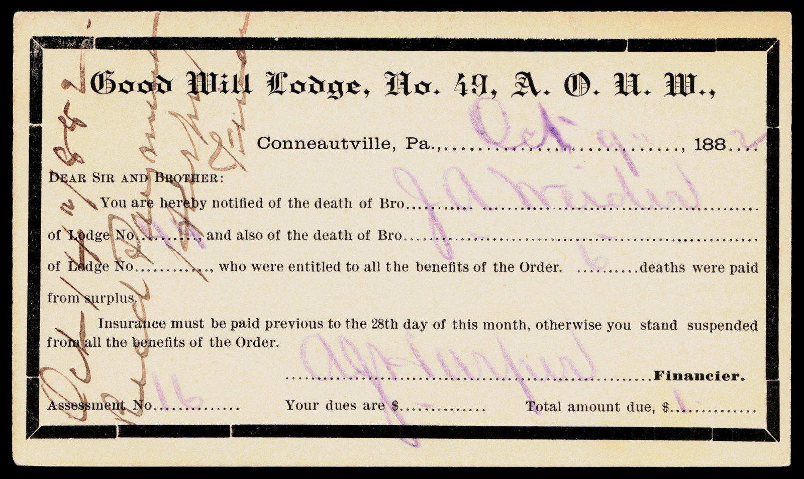 1882 Good Will Lodge 49 AOUW Conneautville PA Victorian Mourning Postal Card 1882 Good Will Lodge 49 AOUW Conneautville PA Victorian Mourning Postal Card