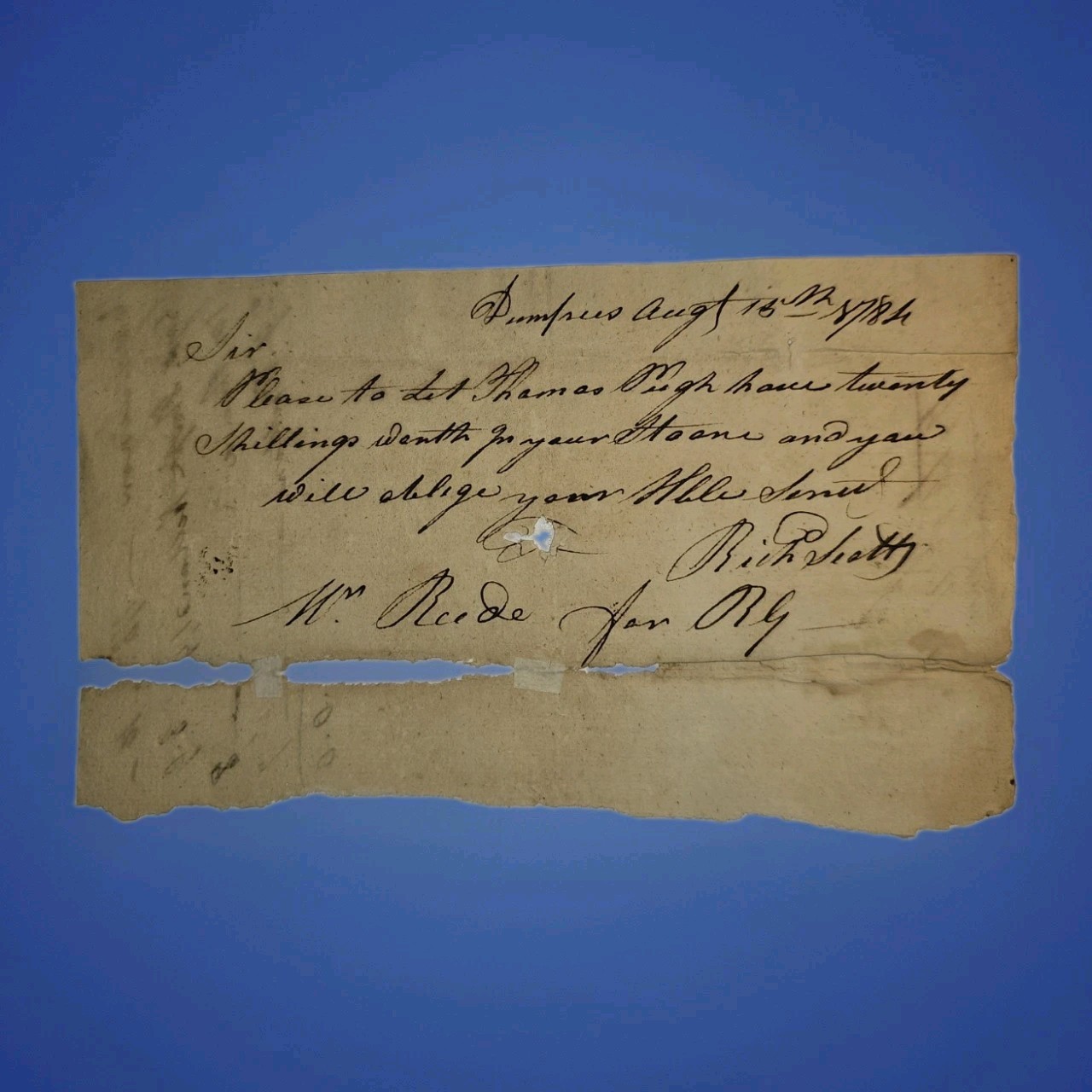 1784 Dumfries VA Store Order Richard Scott Huie Reid & Co Thomas Pugh £1