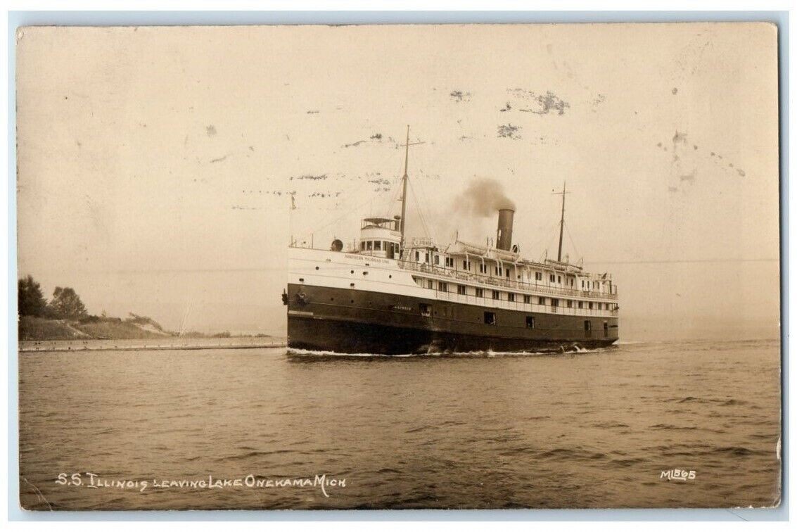 1916 SS Steamer Illinois Leaving Lake Onekama Michigan MI RPPC Photo Postcard 1916 SS Steamer Illinois Leaving Lake Onekama Michigan MI RPPC Photo Postcard