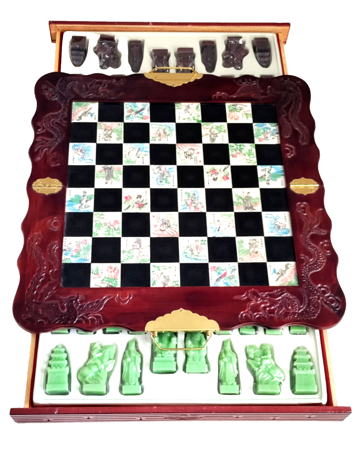 Vintage Chinese Chess Set Dragon Carved Folding Board Jade Style Resin Pieces Co