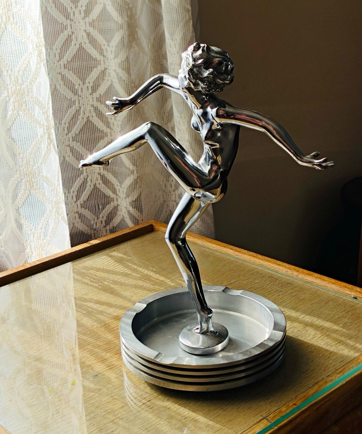 Ronson Art Metal Works Art Deco Nude Kicking Dancer Metal Ashtray Sculpture Ronson Art Metal Works Art Deco Nude Kicking Dancer Metal Ashtray Sculpture