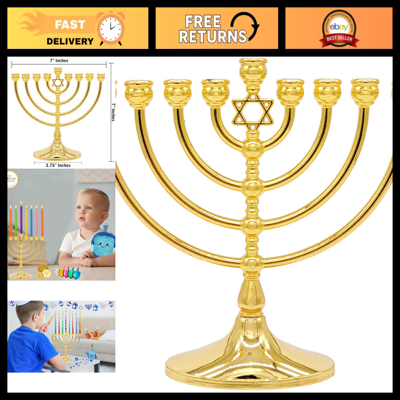 Antique Gold Menorah with Star Design - Full Size 7
