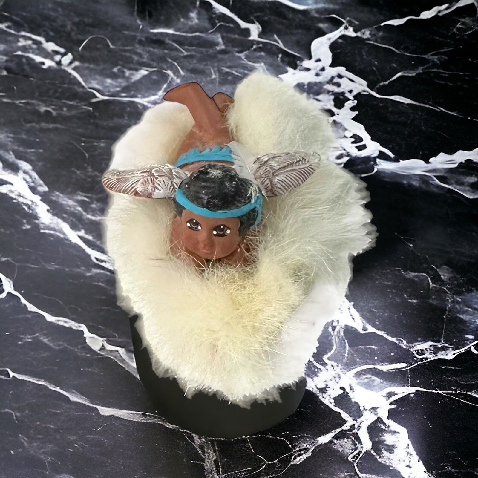 Vtg Little Star Native American Angel on Real Fur Cloud (Angora?) Ceramic 4” L