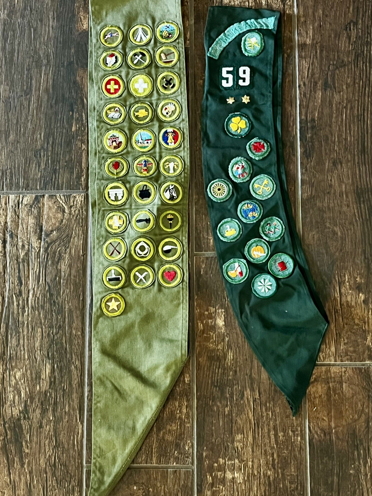 Vtg 1960’s to late ‘90’s Green Girl Scout Sashs With Merit Badges and Pins (2)