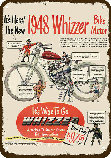 1948 WHIZZER MOTOR BIKE BICYCLE Vintage-Look-Edge DECORATIVE REPLICA METAL SIGN 1948 WHIZZER MOTOR BIKE BICYCLE Vintage-Look-Edge DECORATIVE REPLICA METAL SIGN