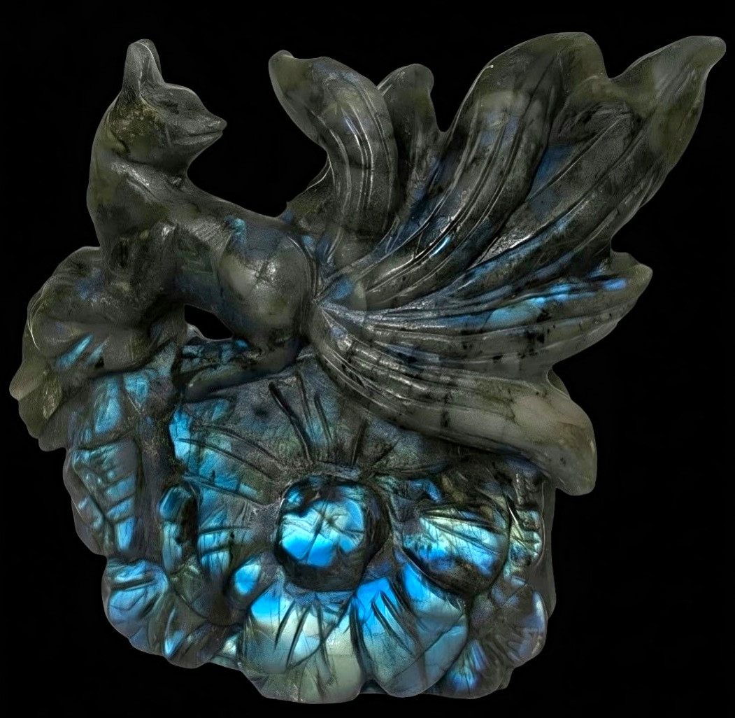 1.88 LB INSANE Blue Flash Labradorite Nine (9) Tail Fox Kitsune Carving 6\ 1.88 LB INSANE Blue Flash Labradorite Nine (9) Tail Fox Kitsune Carving 6\
