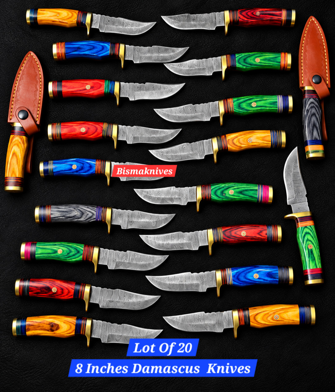 Lot of 20 Custom Handmade Damascus Steel Hunting Skinning Knives 8in, WHOLESAL