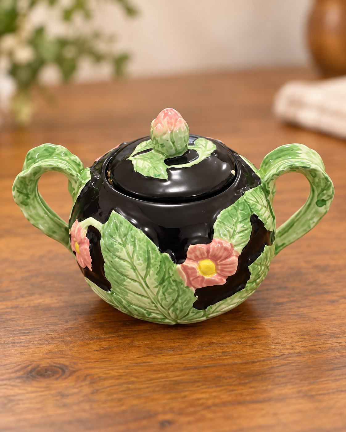 Vintage 1987 Fitz & Floyd Floral Sugar Bowl w/Lid Black Green Pink Ceramic Vintage 1987 Fitz & Floyd Floral Sugar Bowl w/Lid Black Green Pink Ceramic