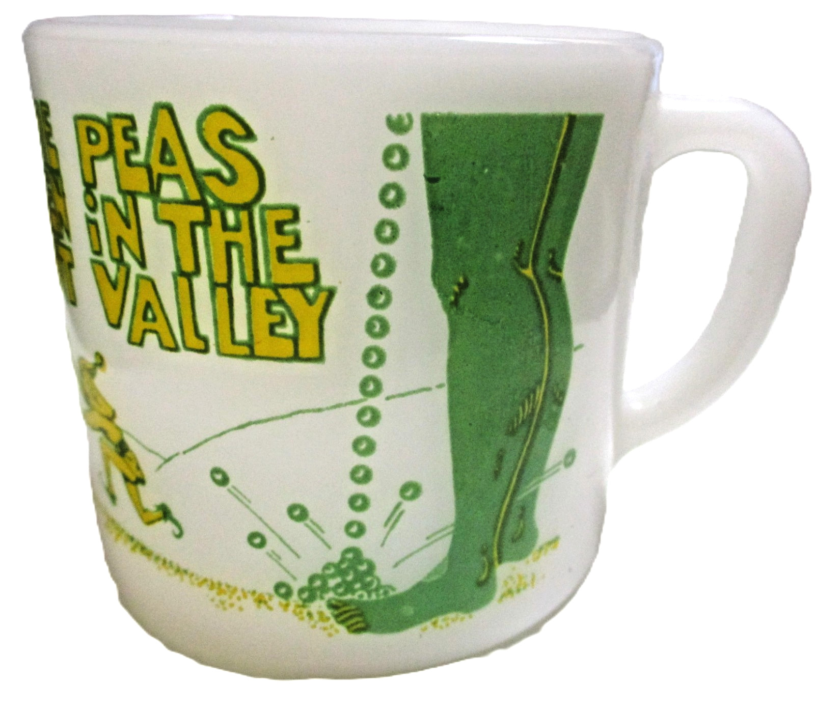 RARE HTF VINTAGE FEDERAL MILK GLASS 1960s CUP MUG GREEN GIANT PEAS IN THE VALLEY