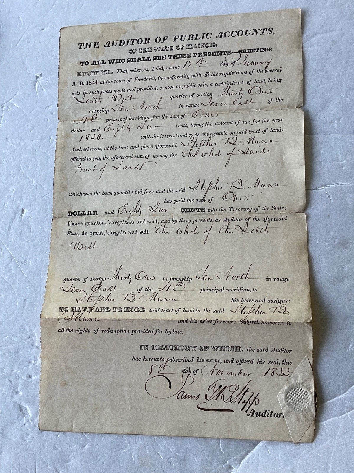 VANDALIA ILLINOIS LAND SALE NOTICE 1831 AUDITOR OF PUBLIC ACCOUNTS FORM PRINTED VANDALIA ILLINOIS LAND SALE NOTICE 1831 AUDITOR OF PUBLIC ACCOUNTS FORM PRINTED