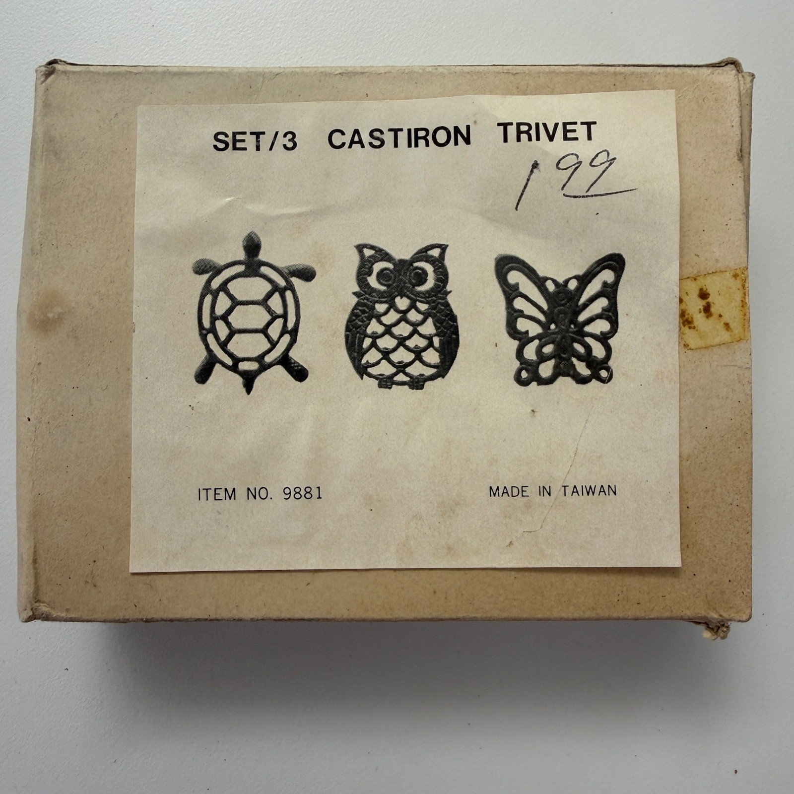 Vintage 1970s Cast Iron Trivet Set – Turtle Owl Butterfly – Made in Taiwan – NOS