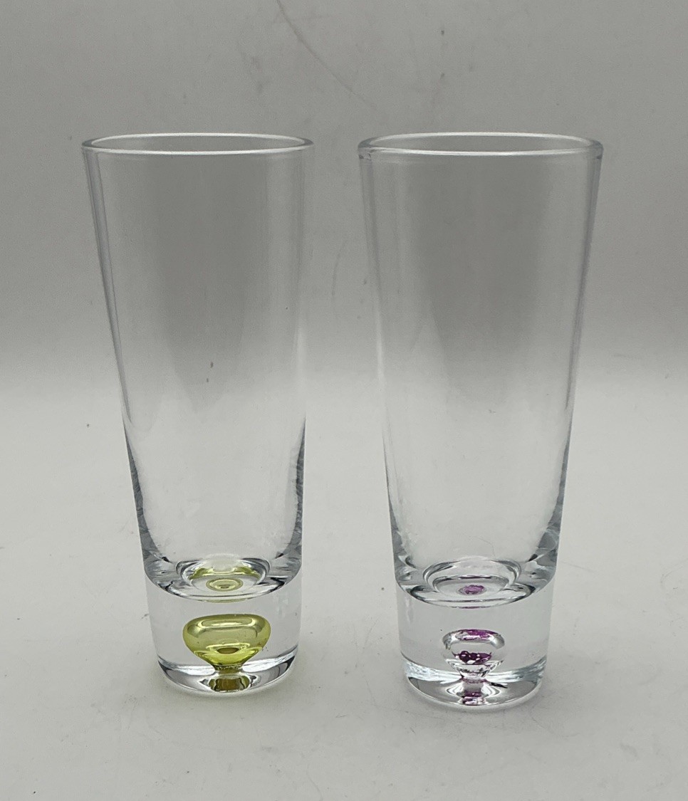 Vintage Krosno Poland Controlled Bubble Shot Glasses Purple Yelllow Pair MCM Vintage Krosno Poland Controlled Bubble Shot Glasses Purple Yelllow Pair MCM